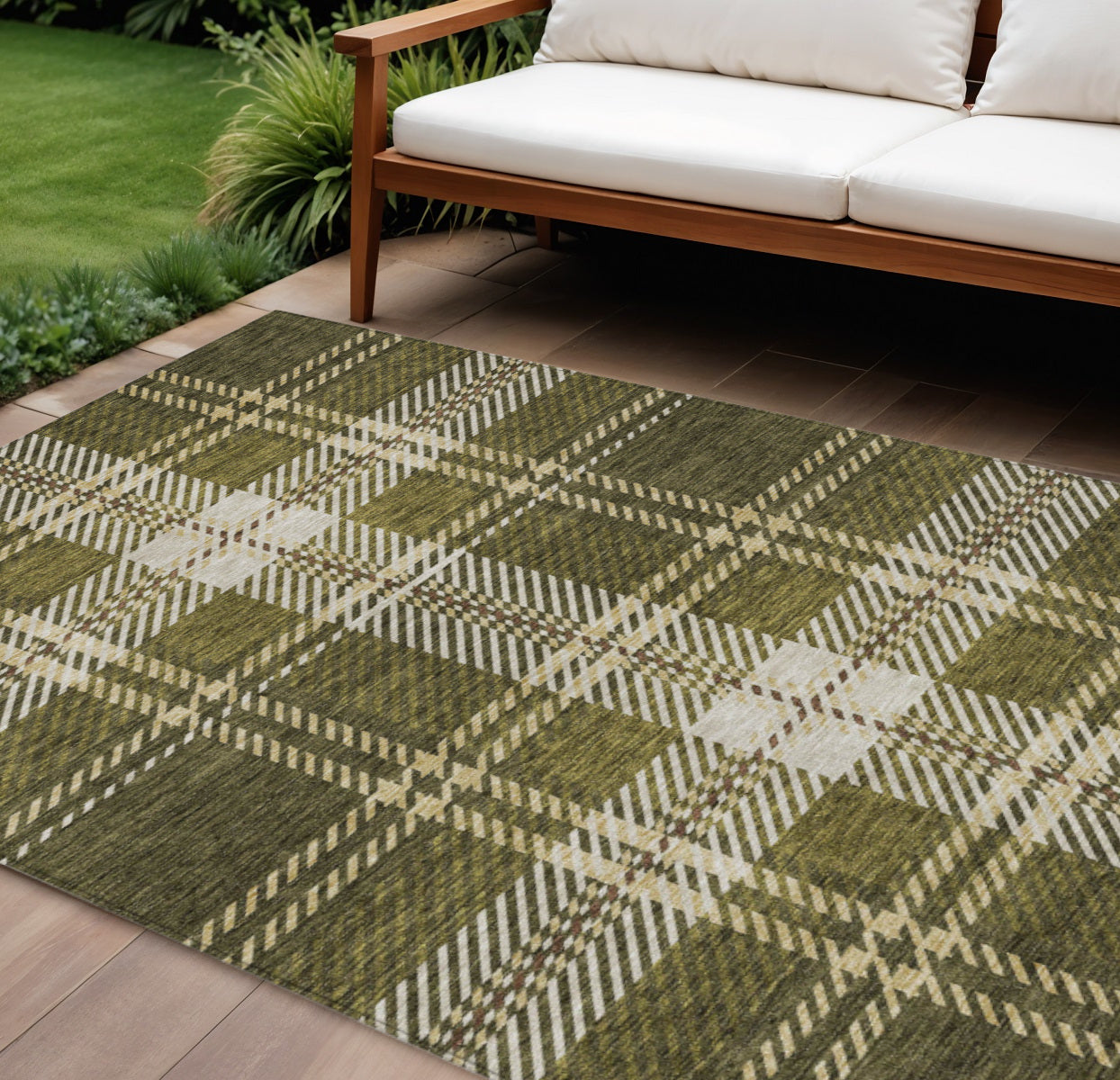 9' X 12' Olive Green Gold And Brown Plaid Washable Indoor Outdoor Area Rug