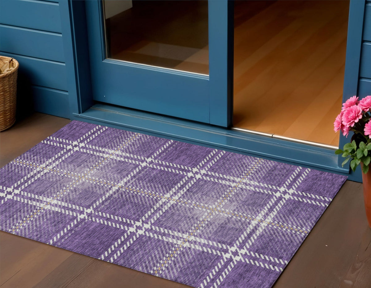 3' X 5' Purple Gold And Ivory Plaid Washable Indoor Outdoor Area Rug