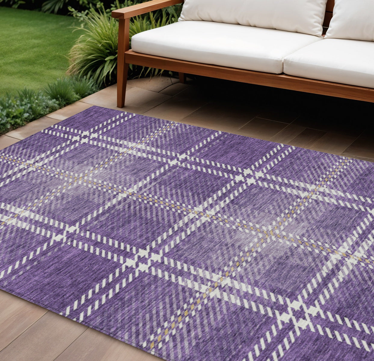 9' X 12' Purple Gold And Ivory Plaid Washable Indoor Outdoor Area Rug