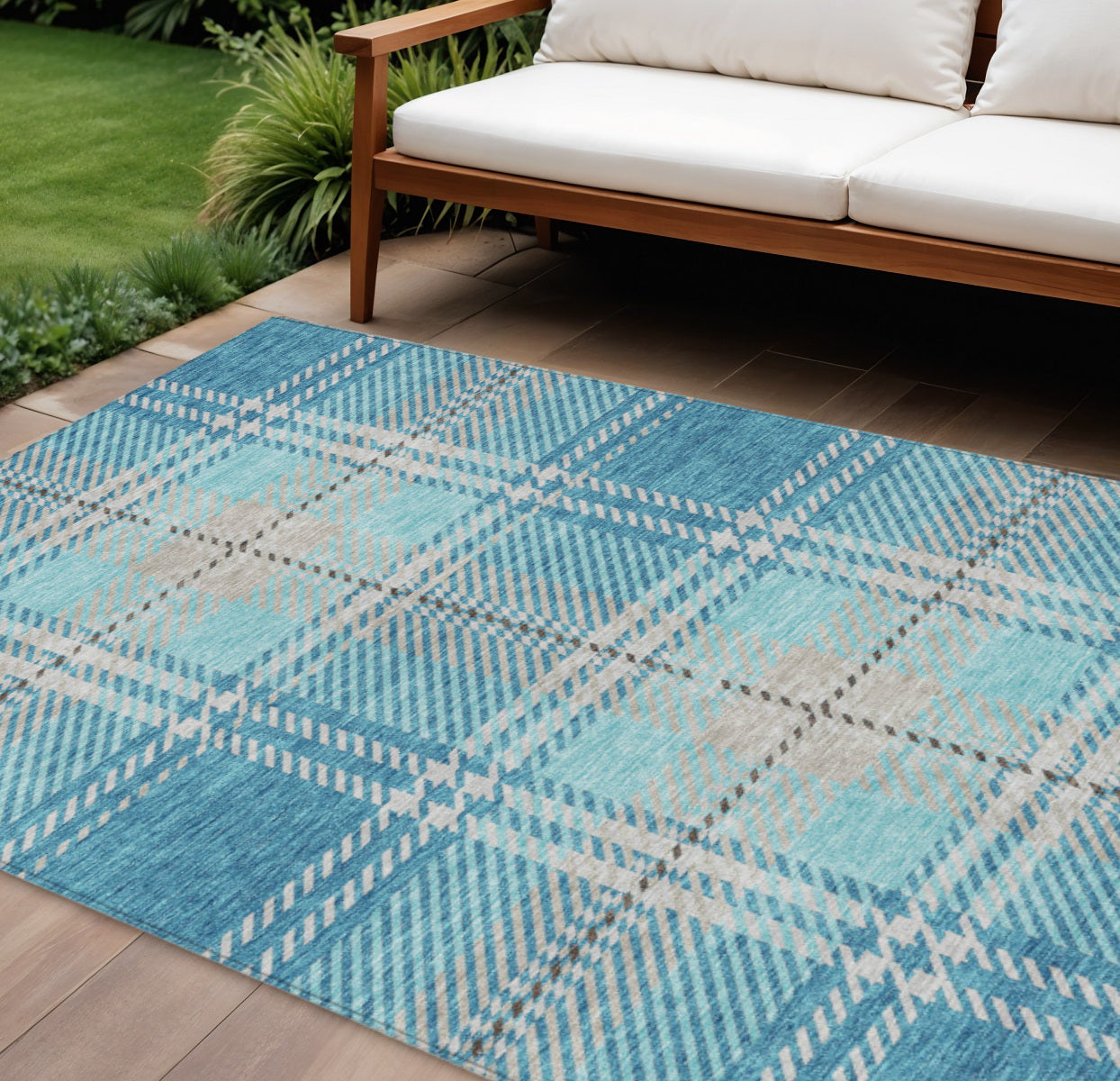 9' X 12' Teal Blue Gray And Brown Plaid Washable Indoor Outdoor Area Rug