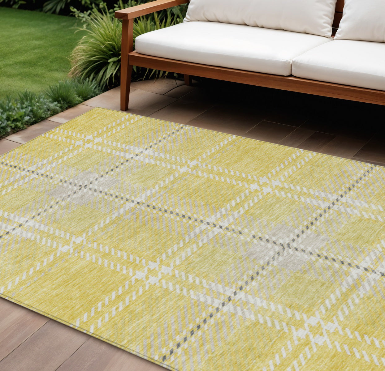 9' X 12' Yellow Black And Ivory Plaid Washable Indoor Outdoor Area Rug