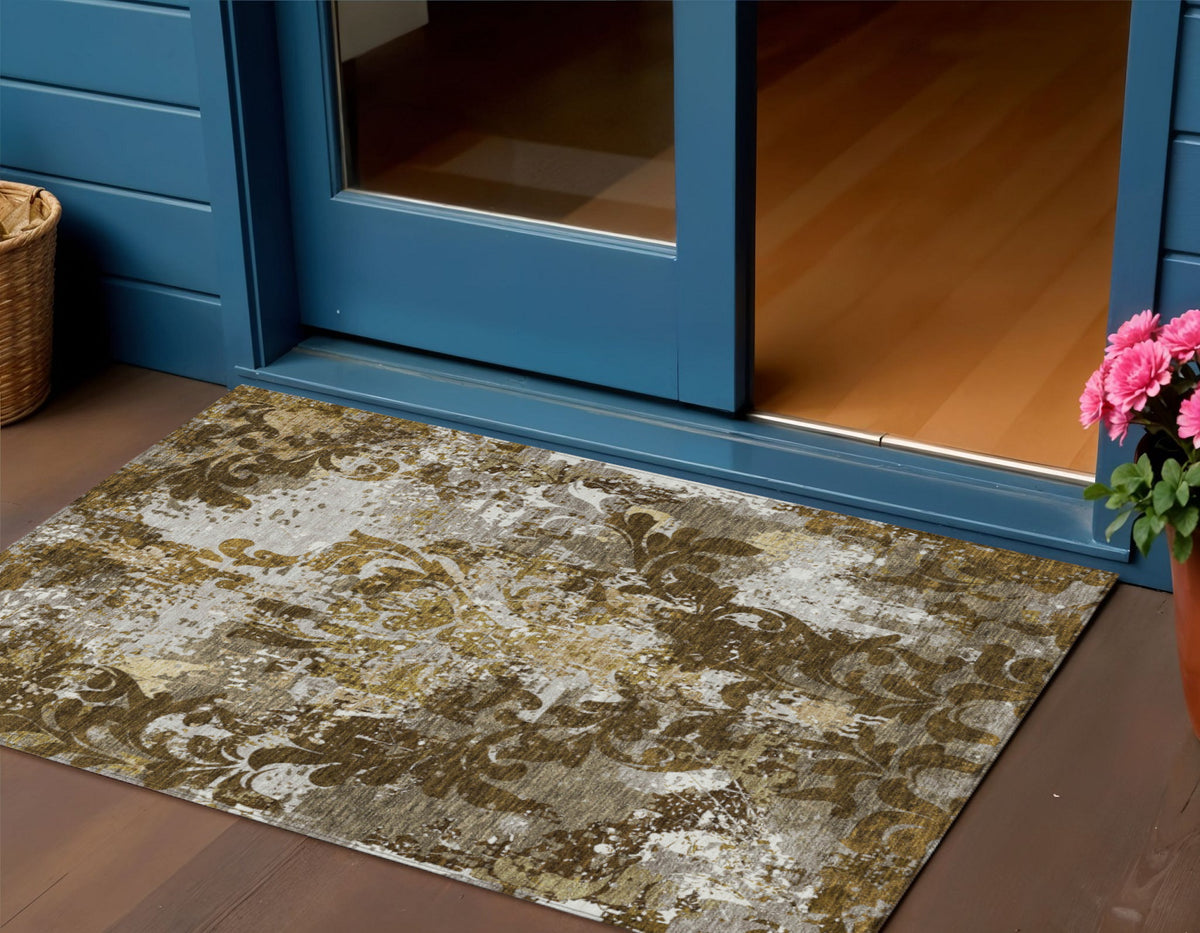 3' X 5' Brown Green And Ivory Damask Washable Indoor Outdoor Area Rug