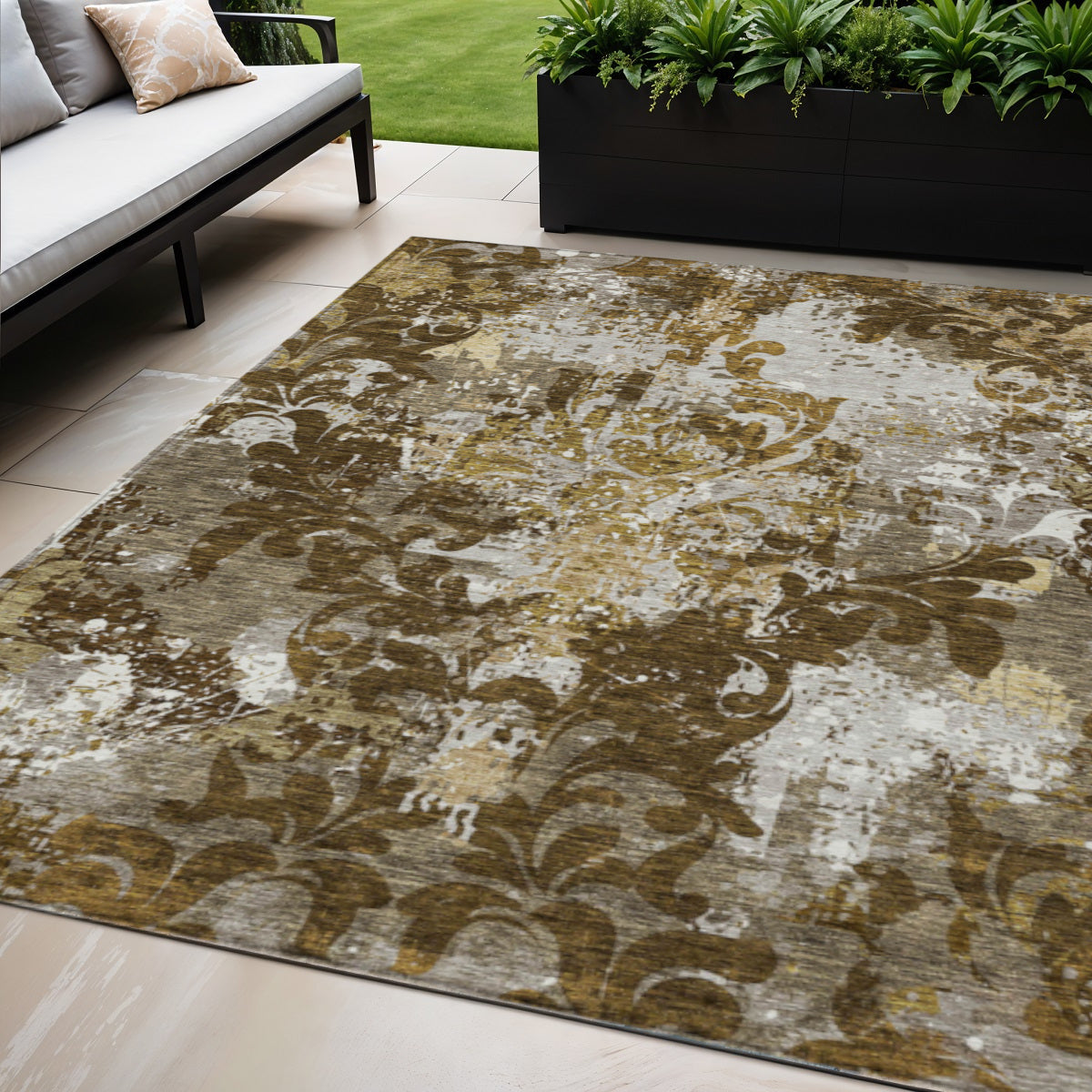 5' X 8' Brown Green And Ivory Damask Washable Indoor Outdoor Area Rug