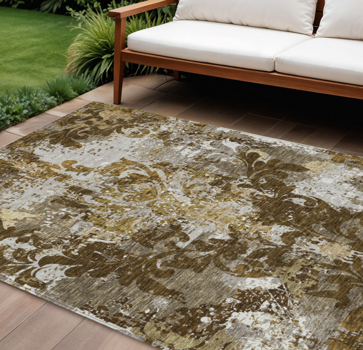 9' X 12' Brown Green And Ivory Damask Washable Indoor Outdoor Area Rug