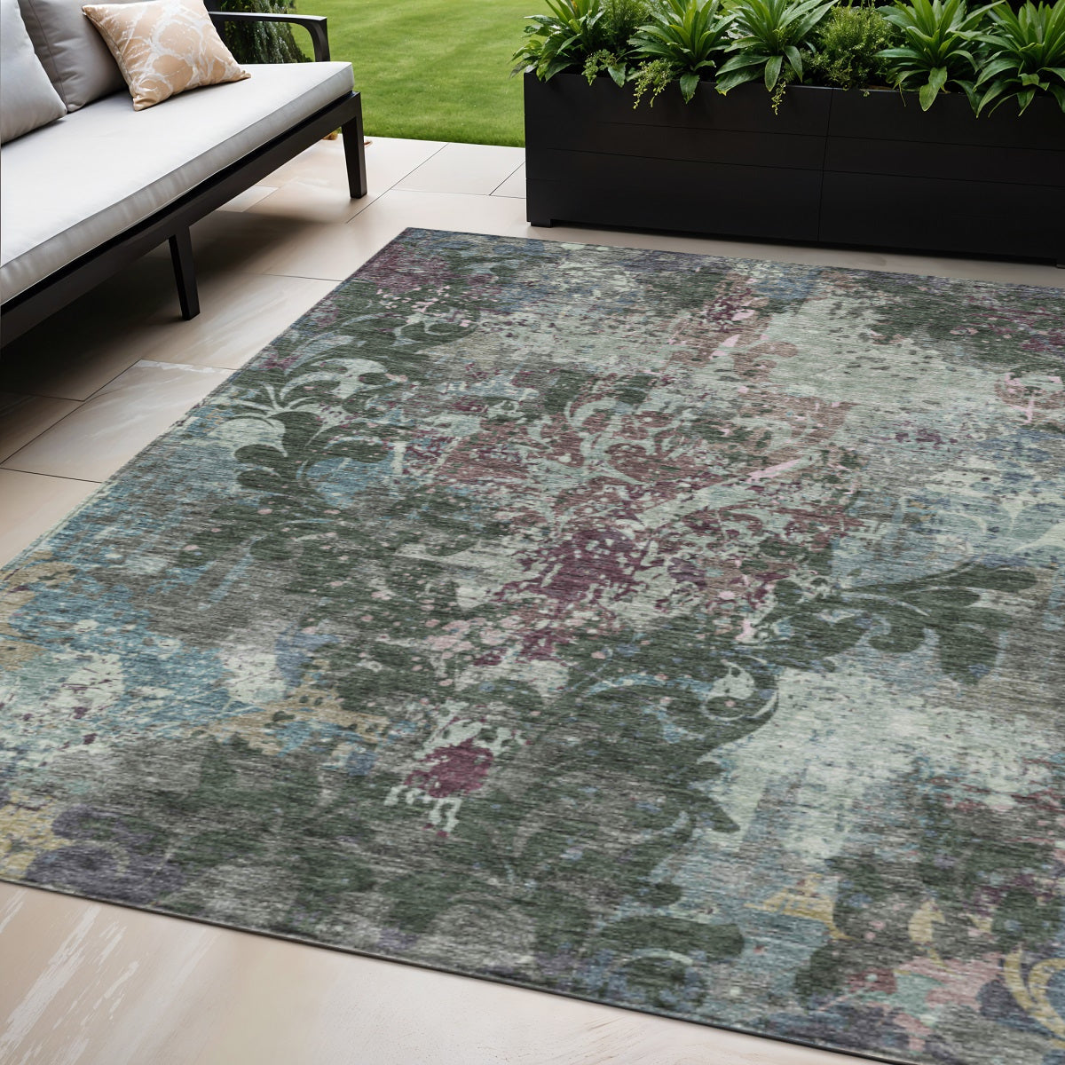 5' X 8' Fern Green And Purple Damask Washable Indoor Outdoor Area Rug