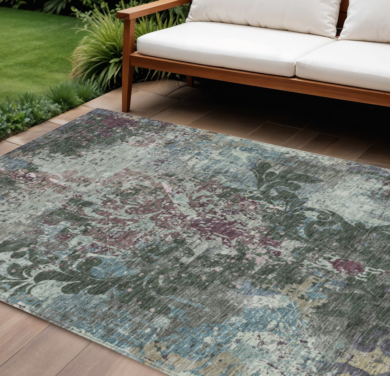 9' X 12' Fern Green And Purple Damask Washable Indoor Outdoor Area Rug