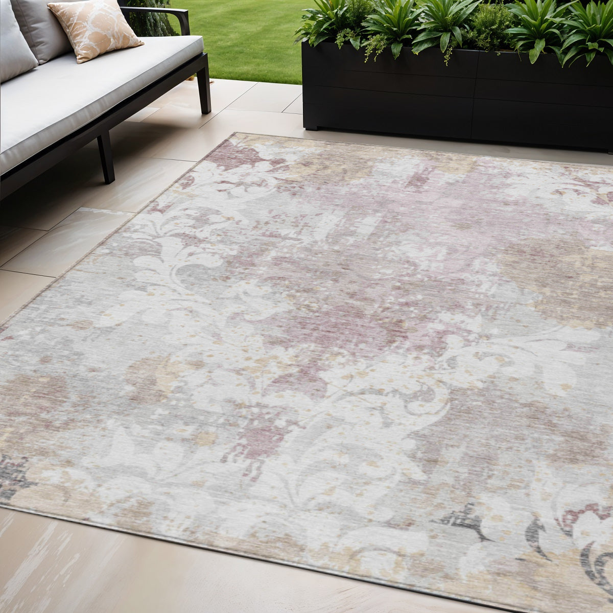 5' X 8' Ivory Light Purple And Gray Damask Washable Indoor Outdoor Area Rug