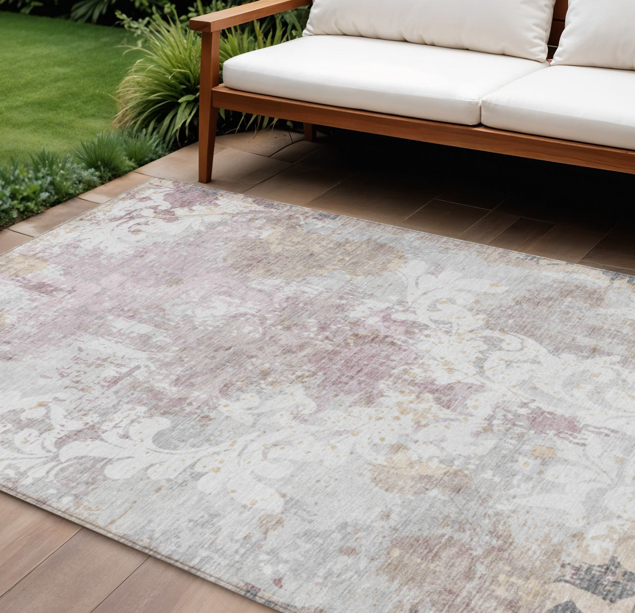 9' X 12' Ivory Light Purple And Gray Damask Washable Indoor Outdoor Area Rug