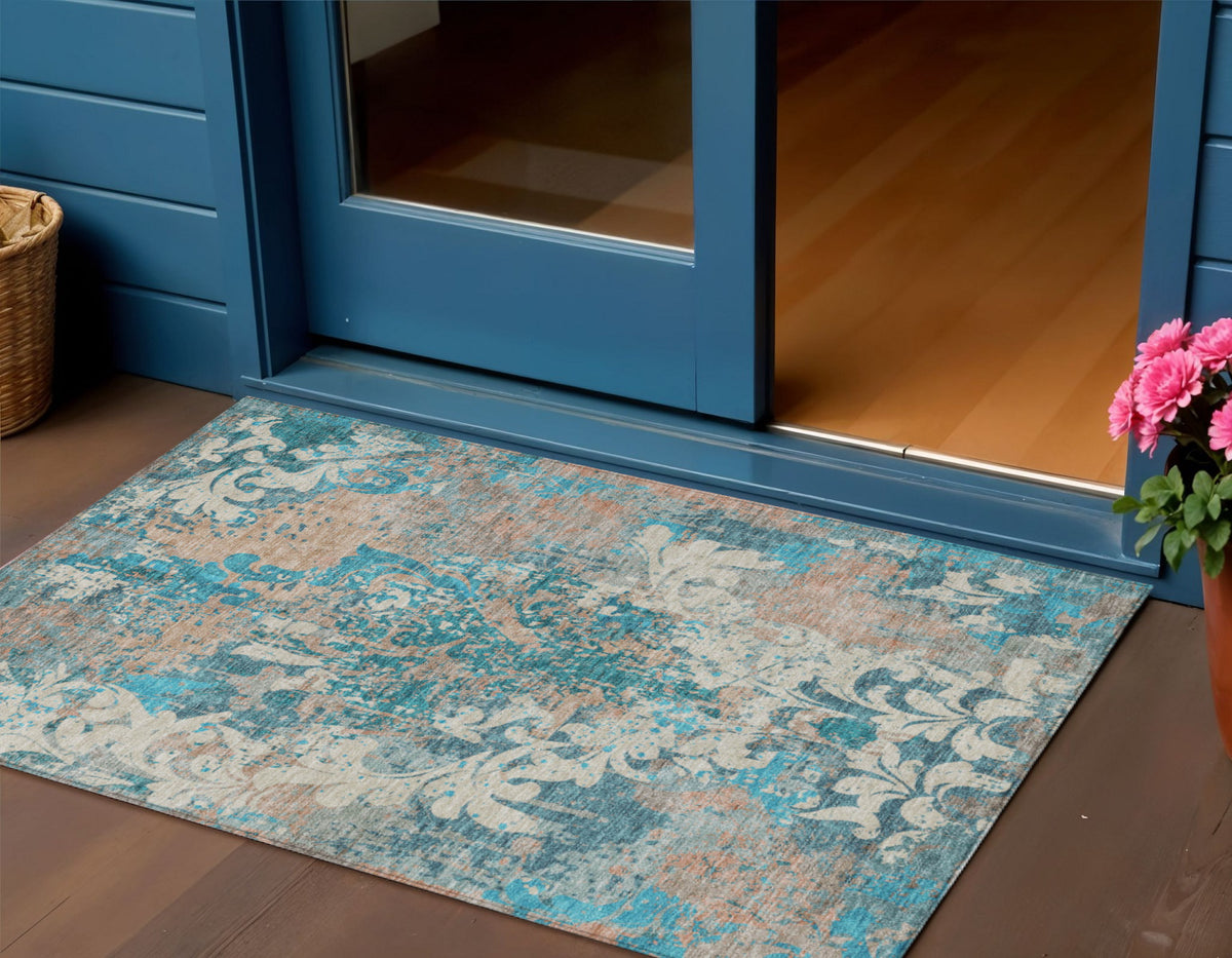 3' X 5' Teal Blue Ivory And Light Brown Damask Washable Indoor Outdoor Area Rug