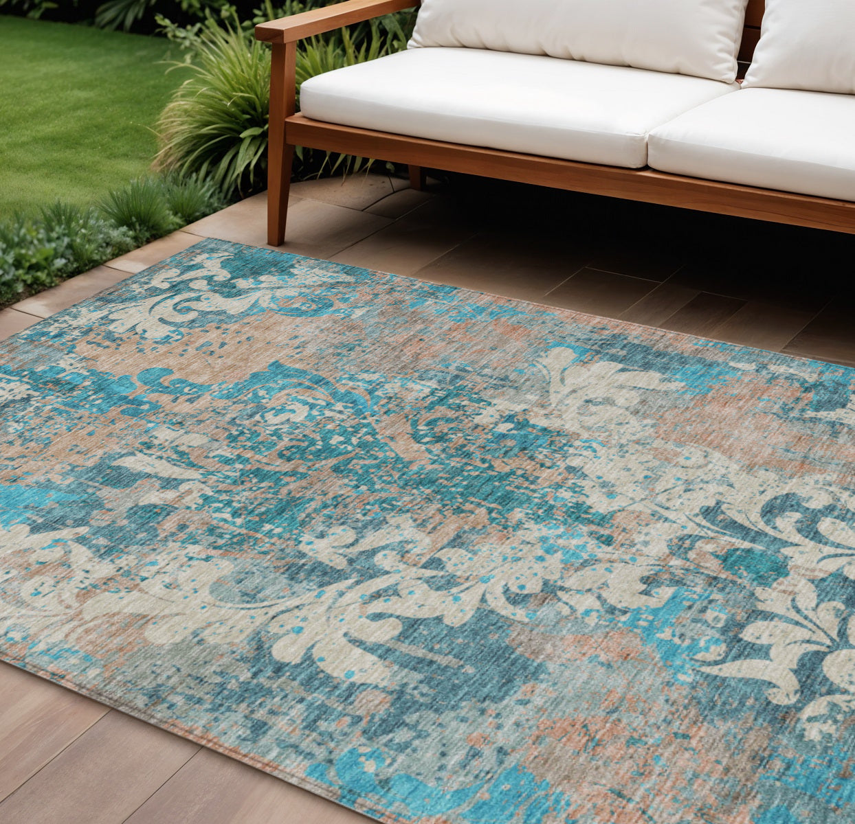 8' X 10' Teal Blue Ivory And Light Brown Damask Washable Indoor Outdoor Area Rug