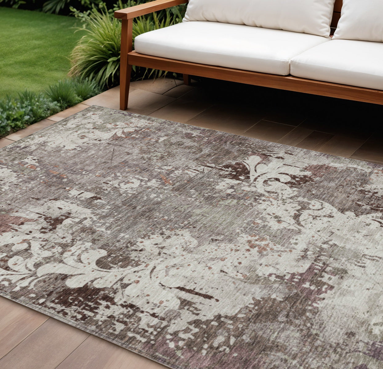 9' X 12' Taupe Ivory And Brown Damask Washable Indoor Outdoor Area Rug