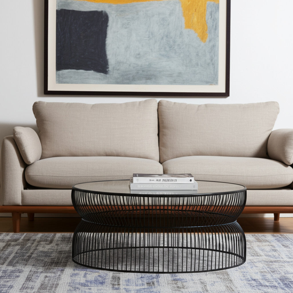 30'' Black and Clear Glass and Iron Round Frame Coffee Table