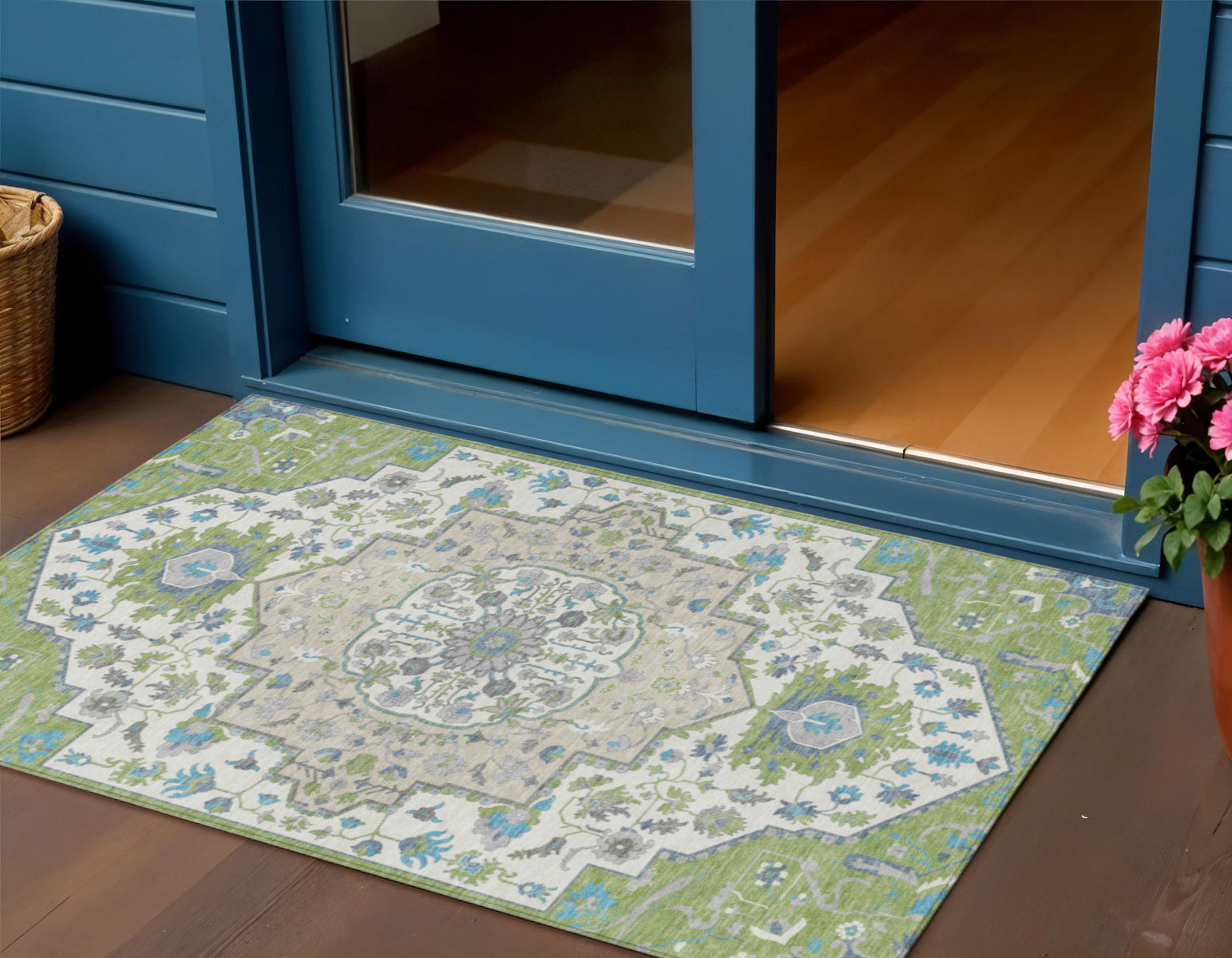 3' X 5' Artichoke Green Blue And Ivory Oriental Washable Indoor Outdoor Area Rug
