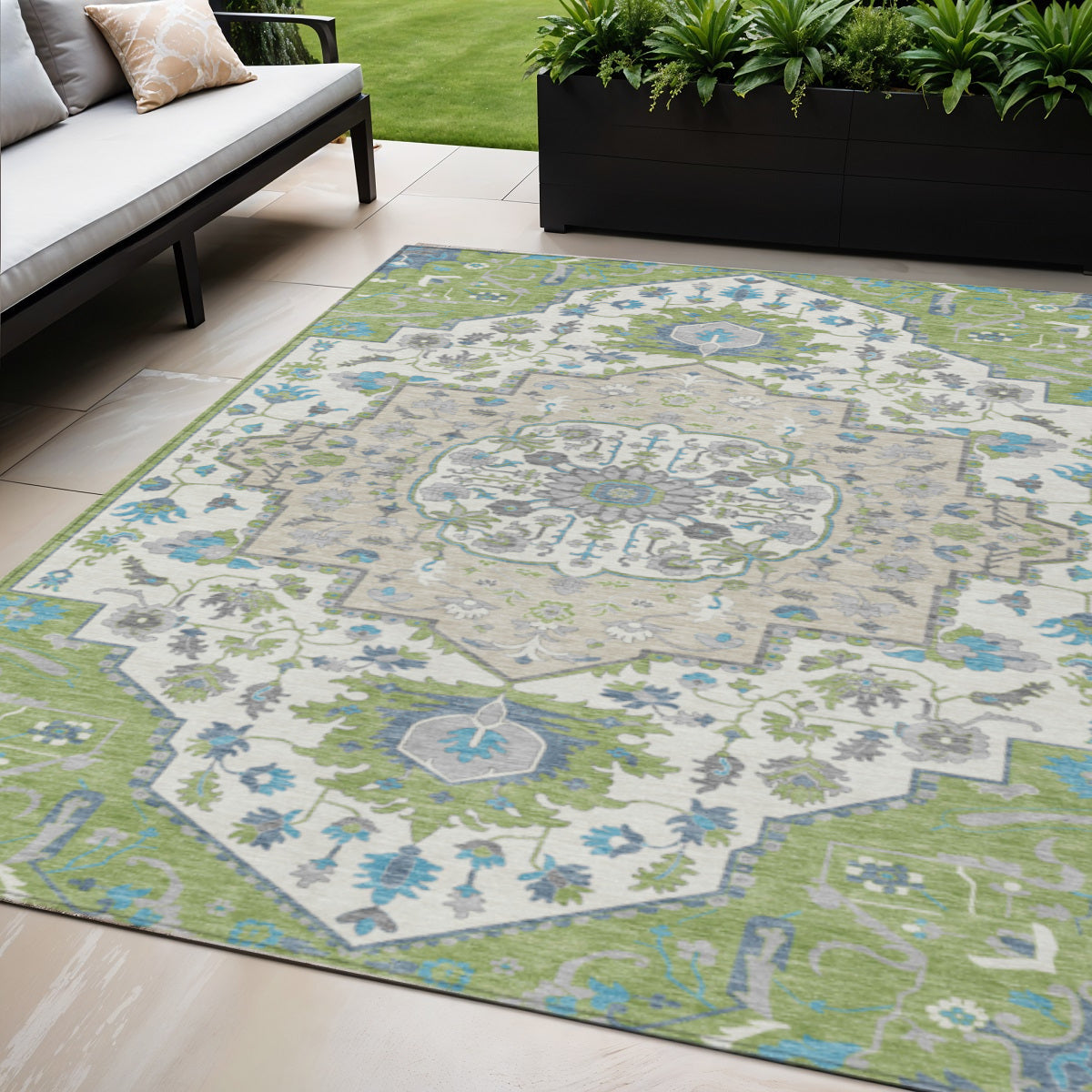 5' X 8' Artichoke Green Blue And Ivory Oriental Washable Indoor Outdoor Area Rug