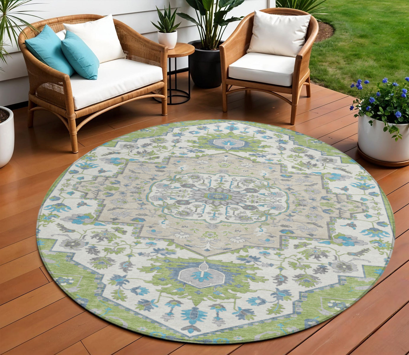 8' Artichoke Green Blue And Ivory Round Oriental Washable Indoor Outdoor Area Rug
