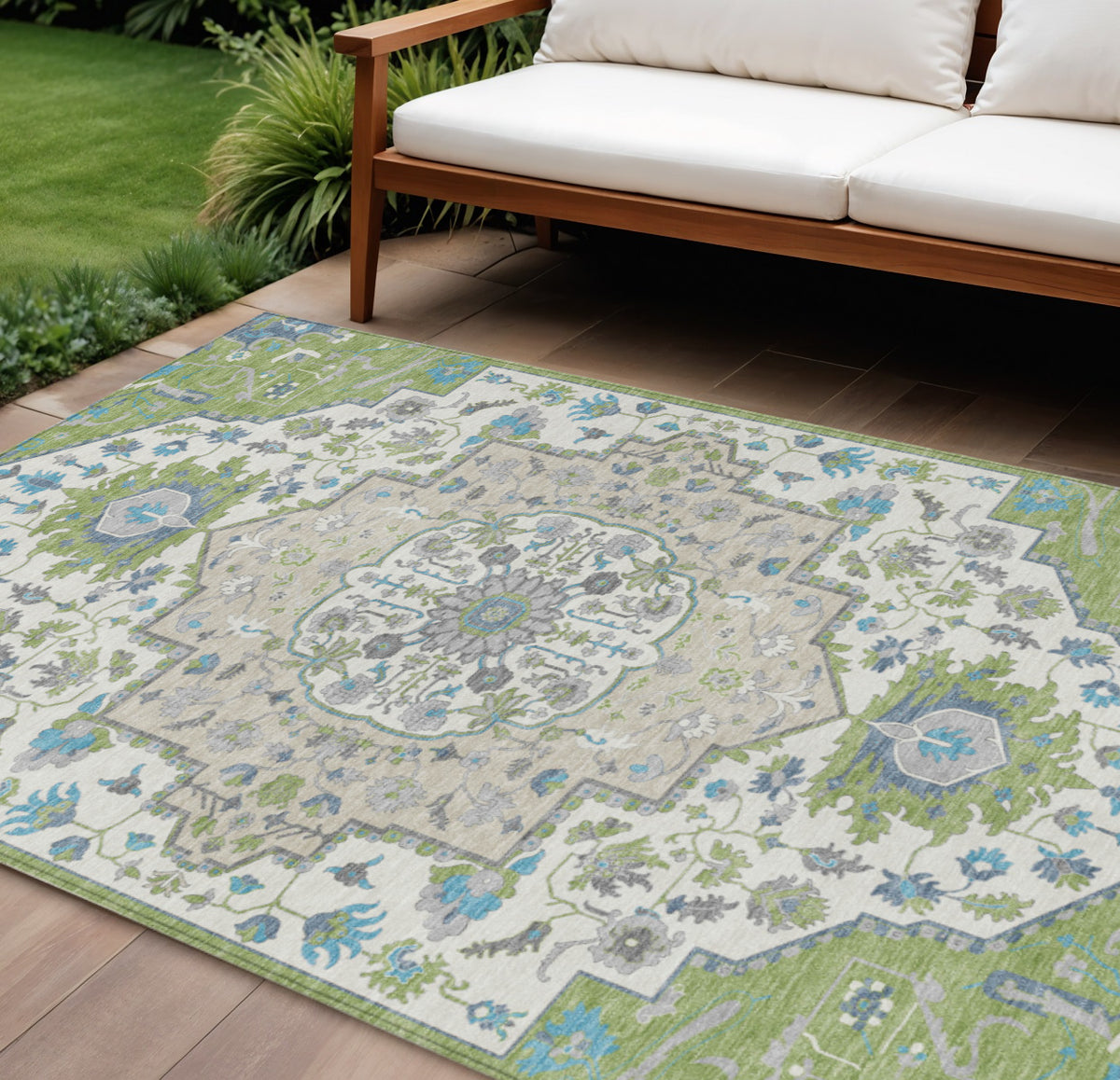 9' X 12' Artichoke Green Blue And Ivory Oriental Washable Indoor Outdoor Area Rug