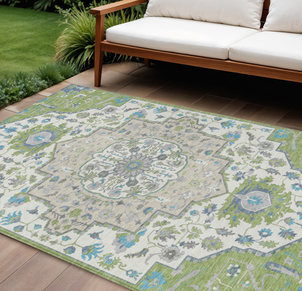 9' X 12' Artichoke Green Blue And Ivory Oriental Washable Indoor Outdoor Area Rug