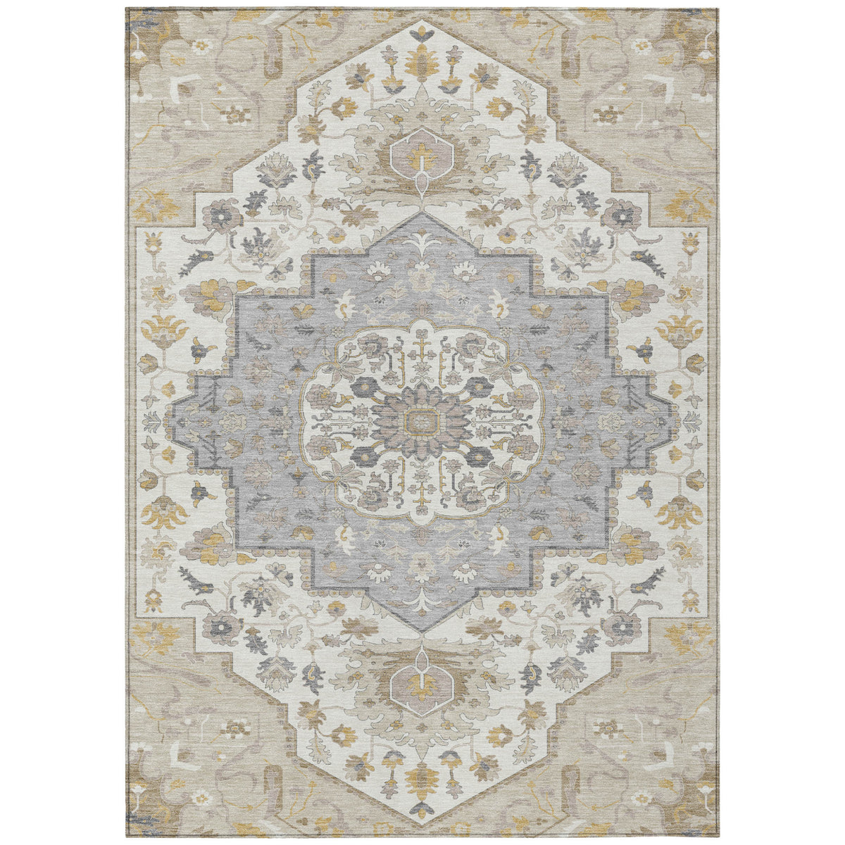 5' X 8' Beige Ivory And Gray Oriental Washable Indoor Outdoor Area Rug