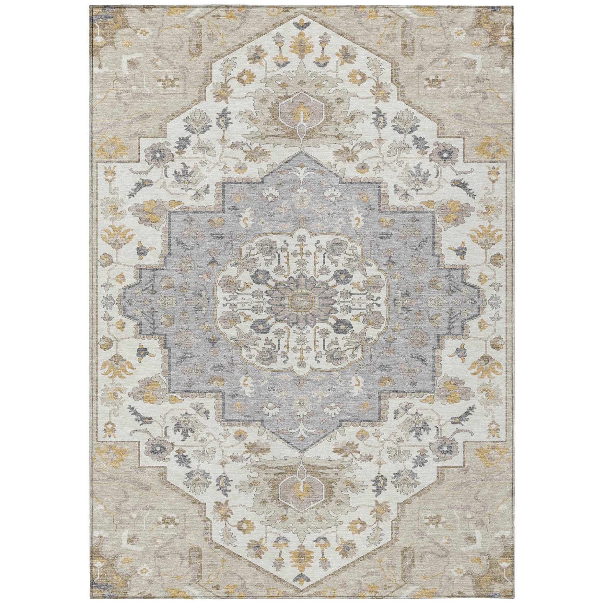 5' X 8' Beige Ivory And Gray Oriental Washable Indoor Outdoor Area Rug