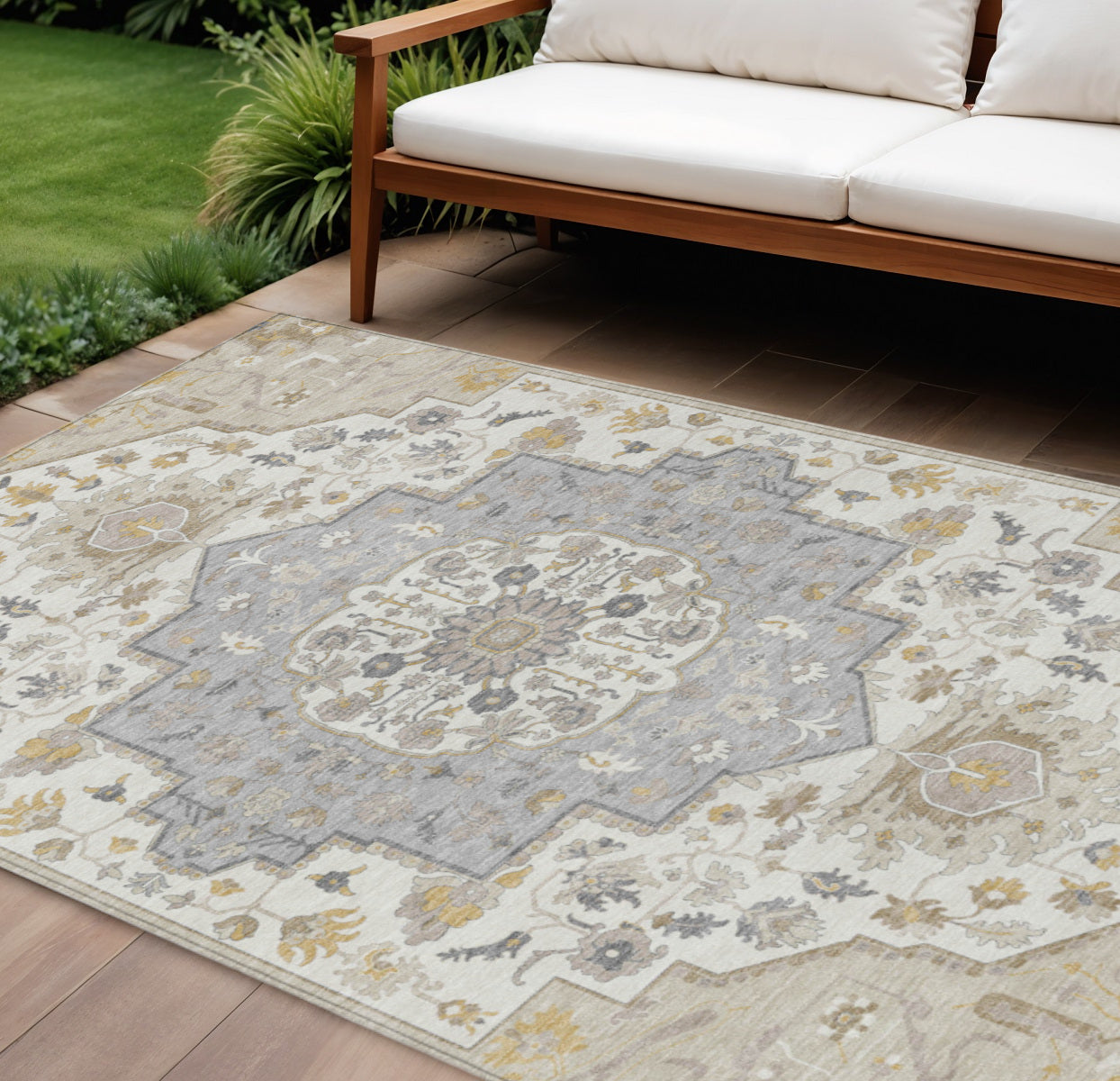 10' X 14' Beige Ivory And Gray Oriental Washable Indoor Outdoor Area Rug