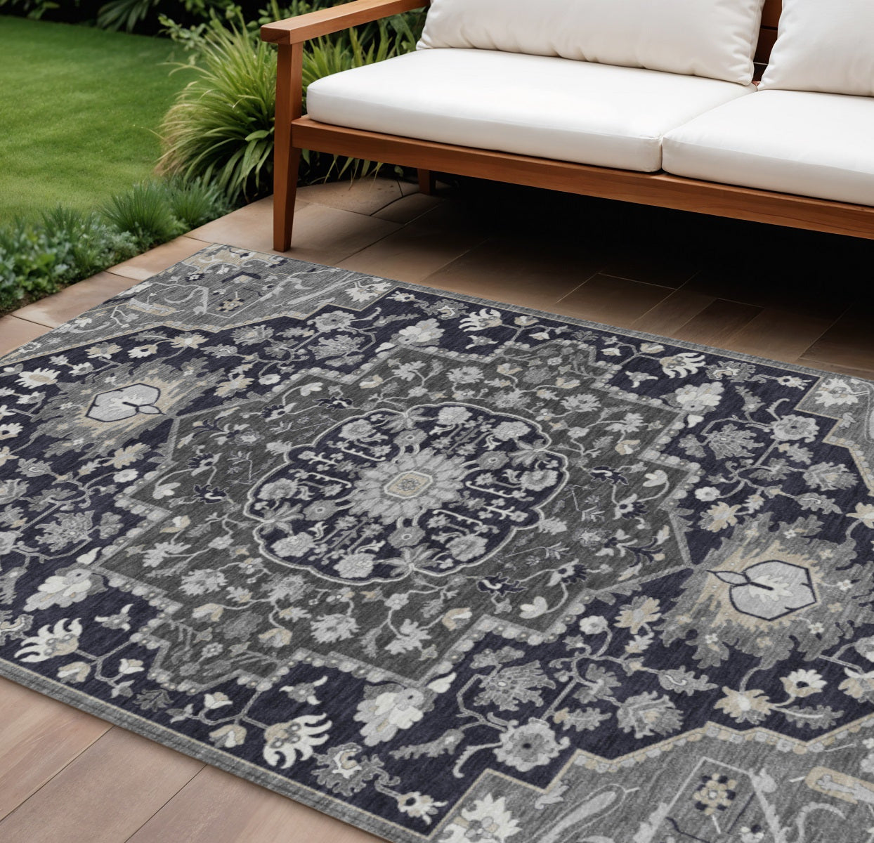 10' X 14' Black Gray And Beige Oriental Washable Indoor Outdoor Area Rug
