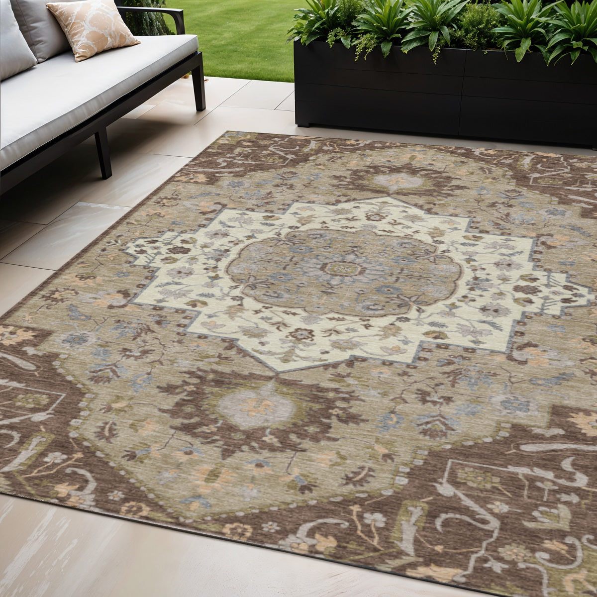 5' X 8' Chocolate Beige And Gray Oriental Washable Indoor Outdoor Area Rug