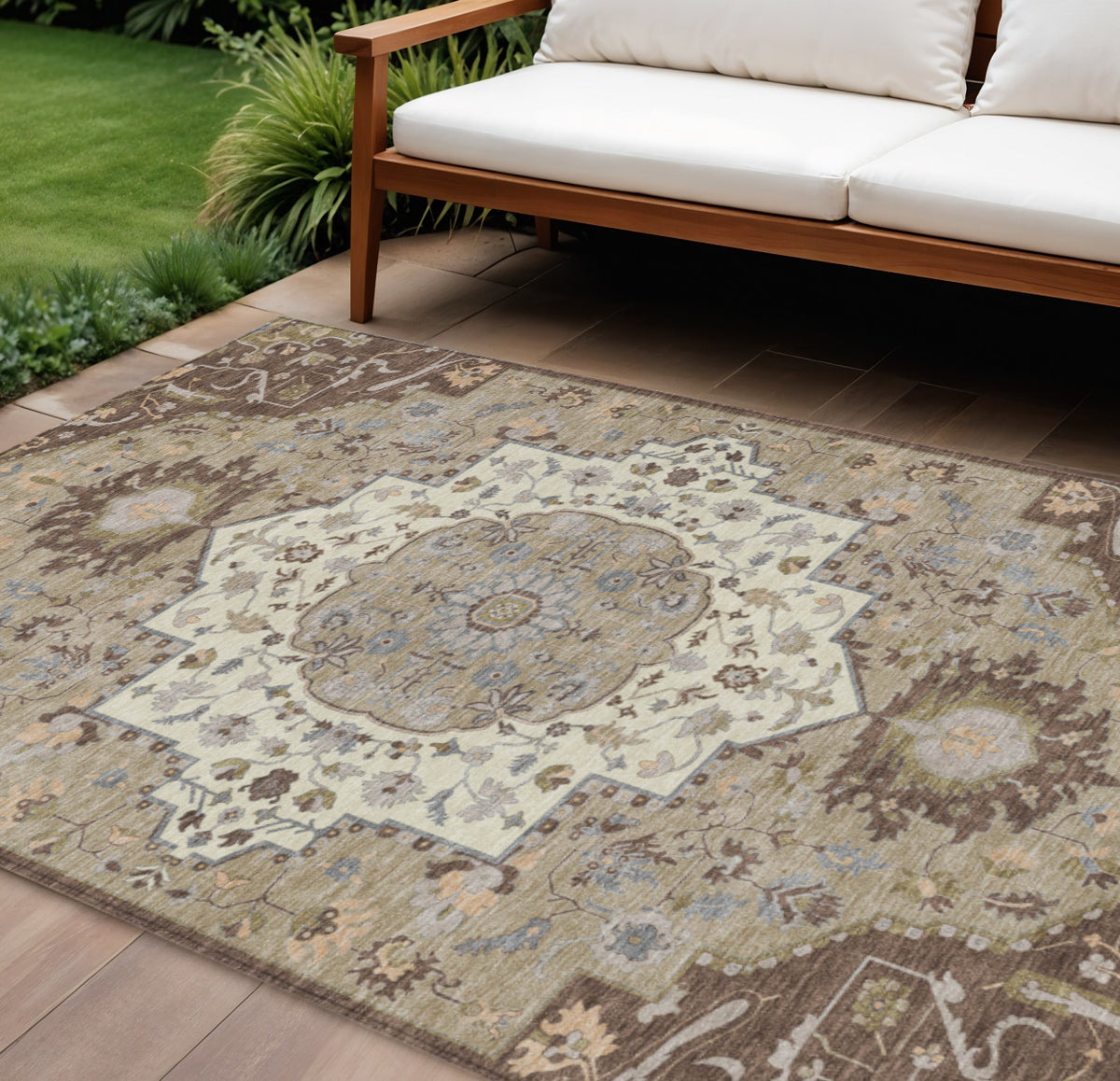 10' X 14' Chocolate Beige And Gray Oriental Washable Indoor Outdoor Area Rug