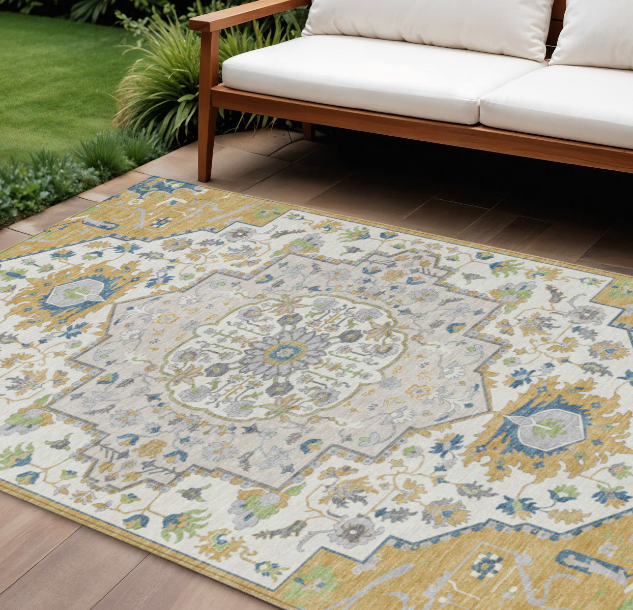 9' X 12' Gold Ivory And Blue Oriental Washable Indoor Outdoor Area Rug