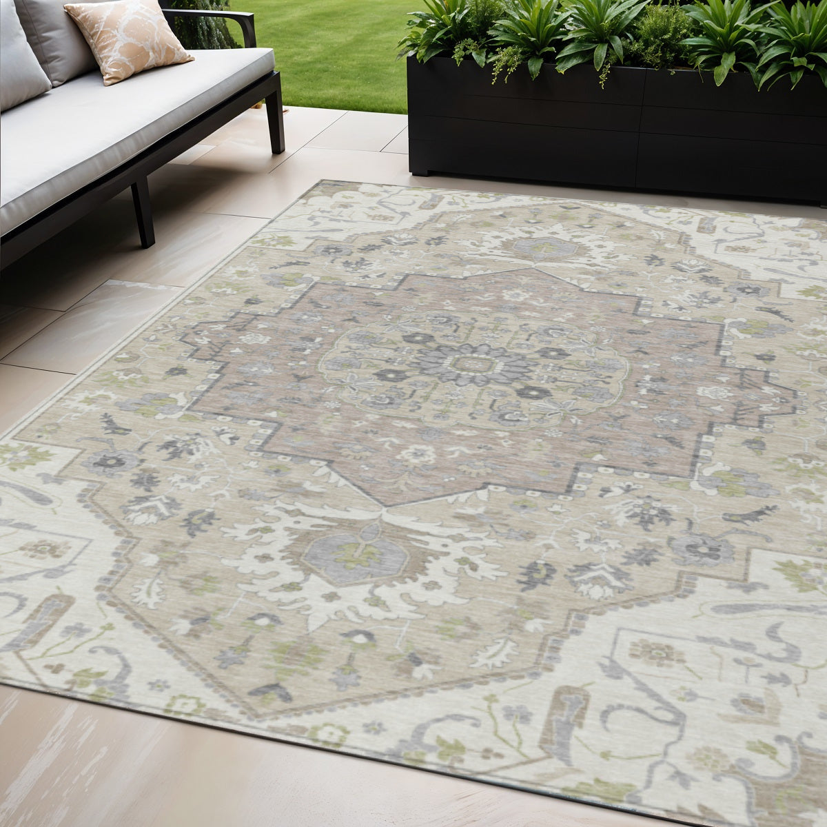 8' X 10' Ivory Beige And Gray Oriental Washable Indoor Outdoor Area Rug