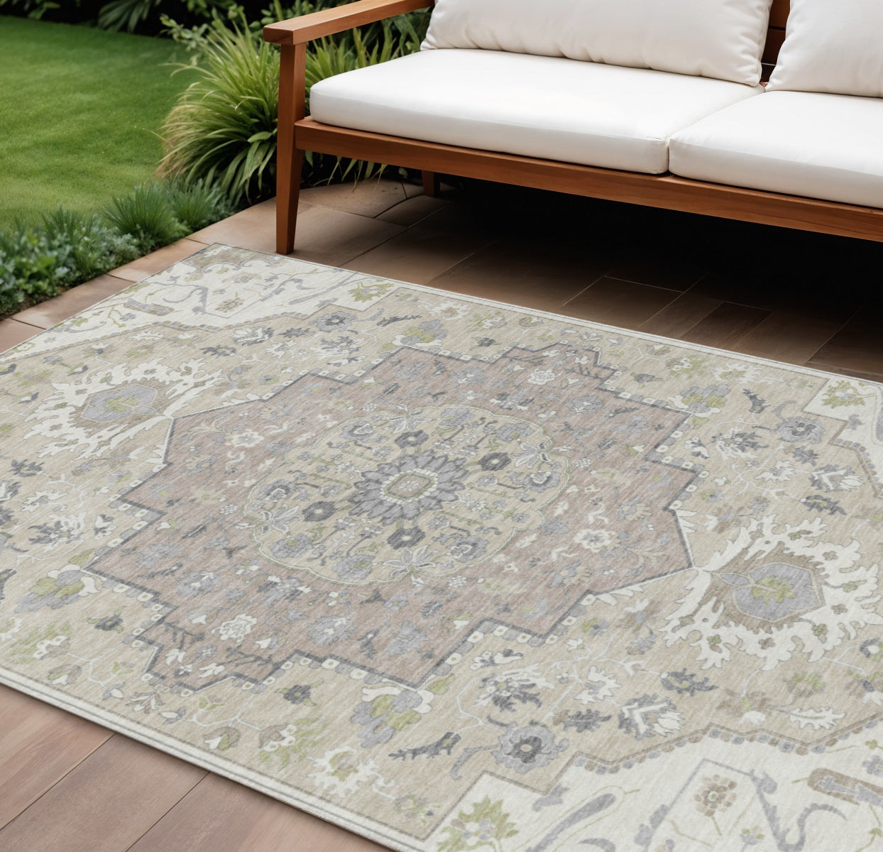 9' X 12' Ivory Beige And Gray Oriental Washable Indoor Outdoor Area Rug