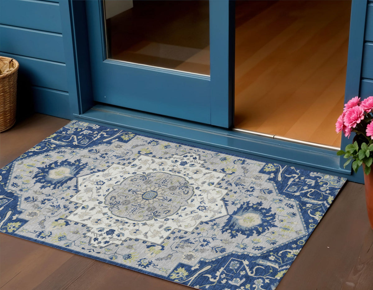 3' X 5' Navy Blue Ivory And Gray Oriental Washable Indoor Outdoor Area Rug