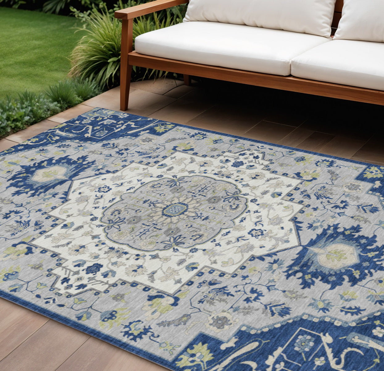 8' X 10' Navy Blue Ivory And Gray Oriental Washable Indoor Outdoor Area Rug