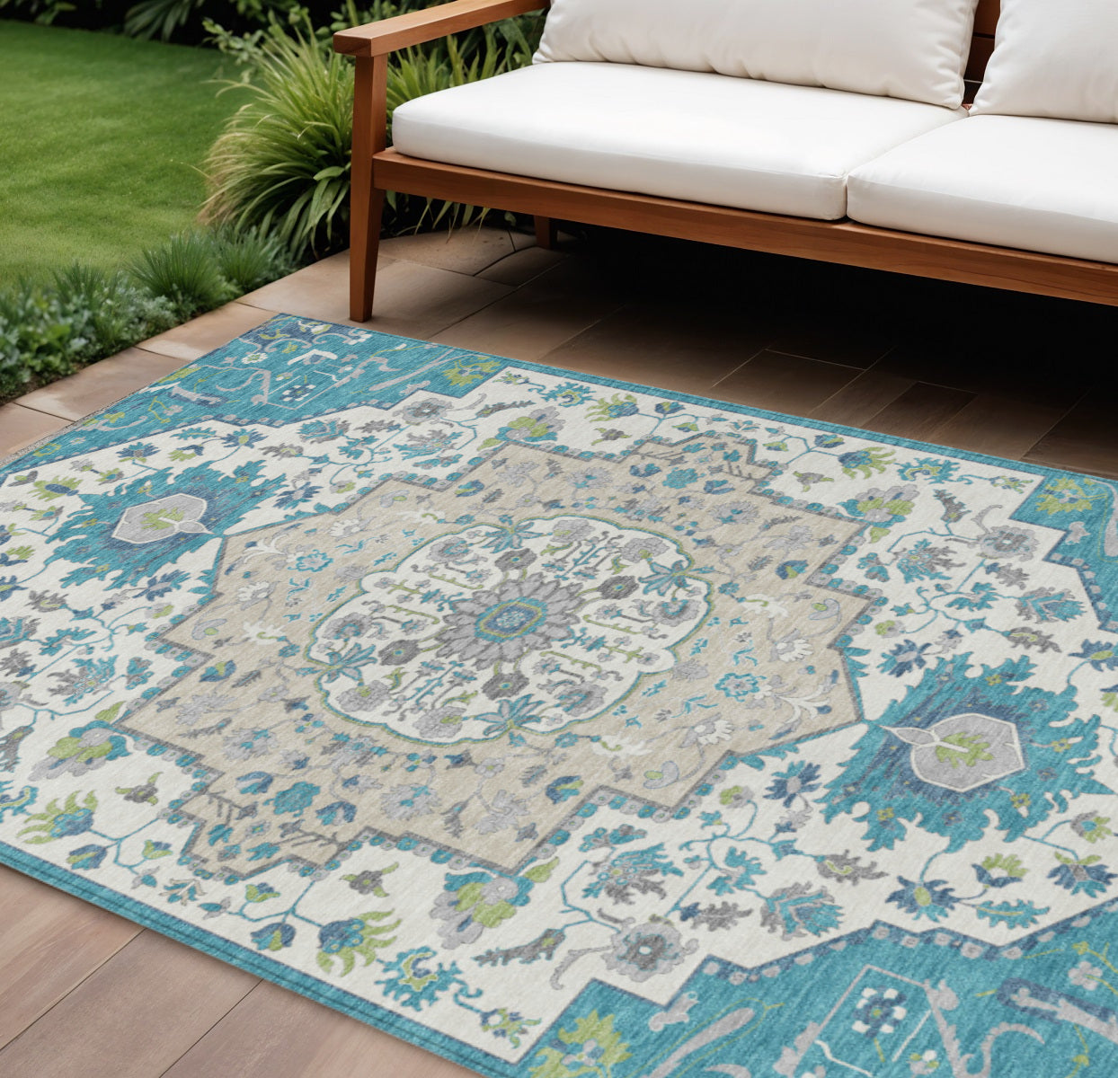 10' X 14' Teal Blue Green And Ivory Oriental Washable Indoor Outdoor Area Rug