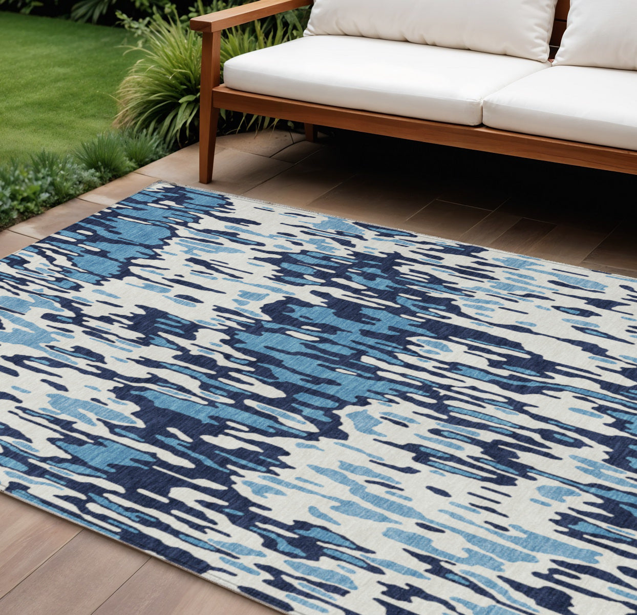 10' X 14' Blue Aqua And Ivory Striped Washable Indoor Outdoor Area Rug
