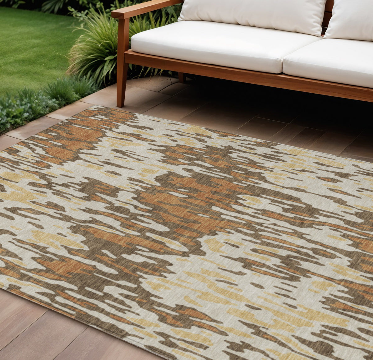 10' X 14' Copper Gold And Ivory Striped Washable Indoor Outdoor Area Rug