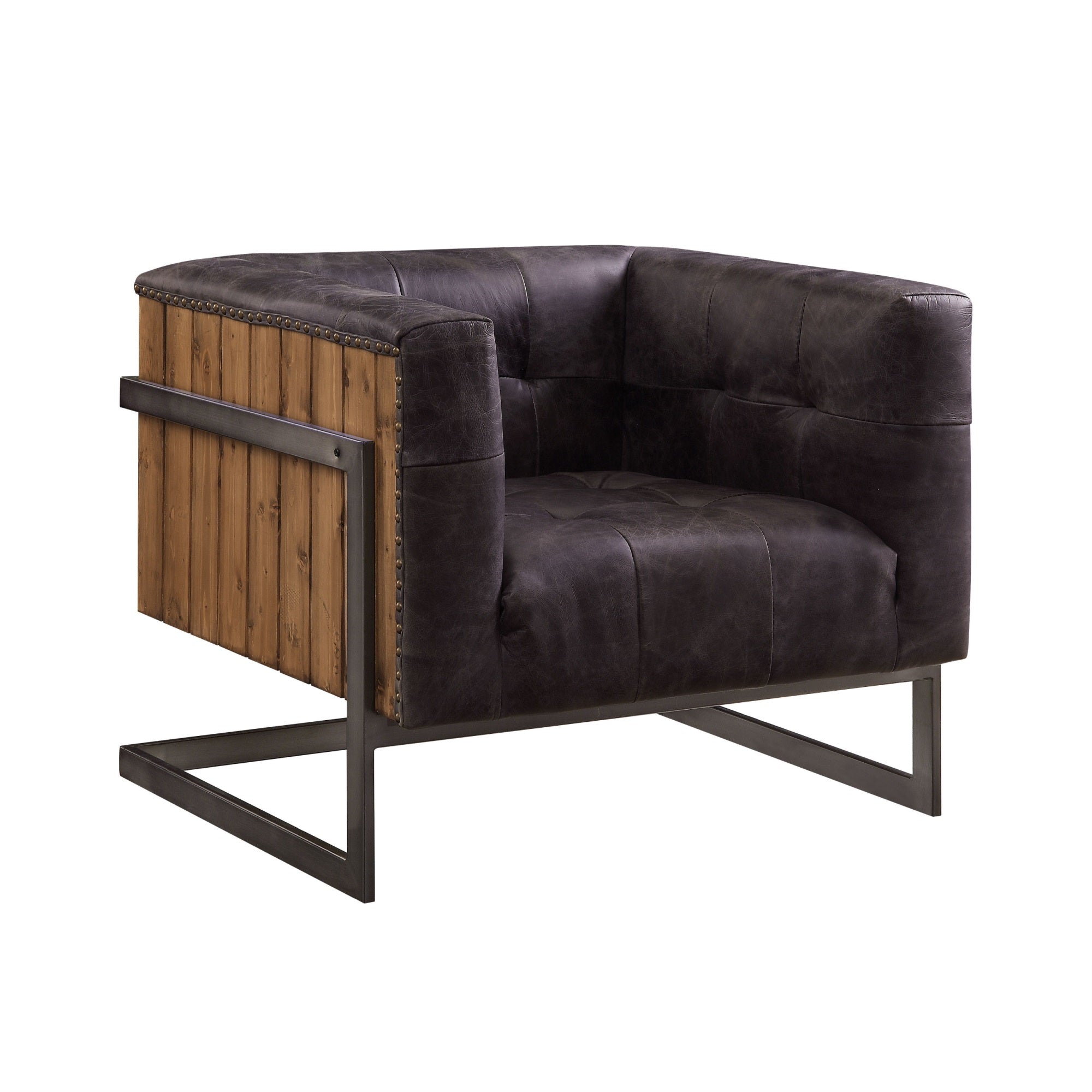Accent Chair, Antique Ebony Top Grain Leather & Rustic Oak