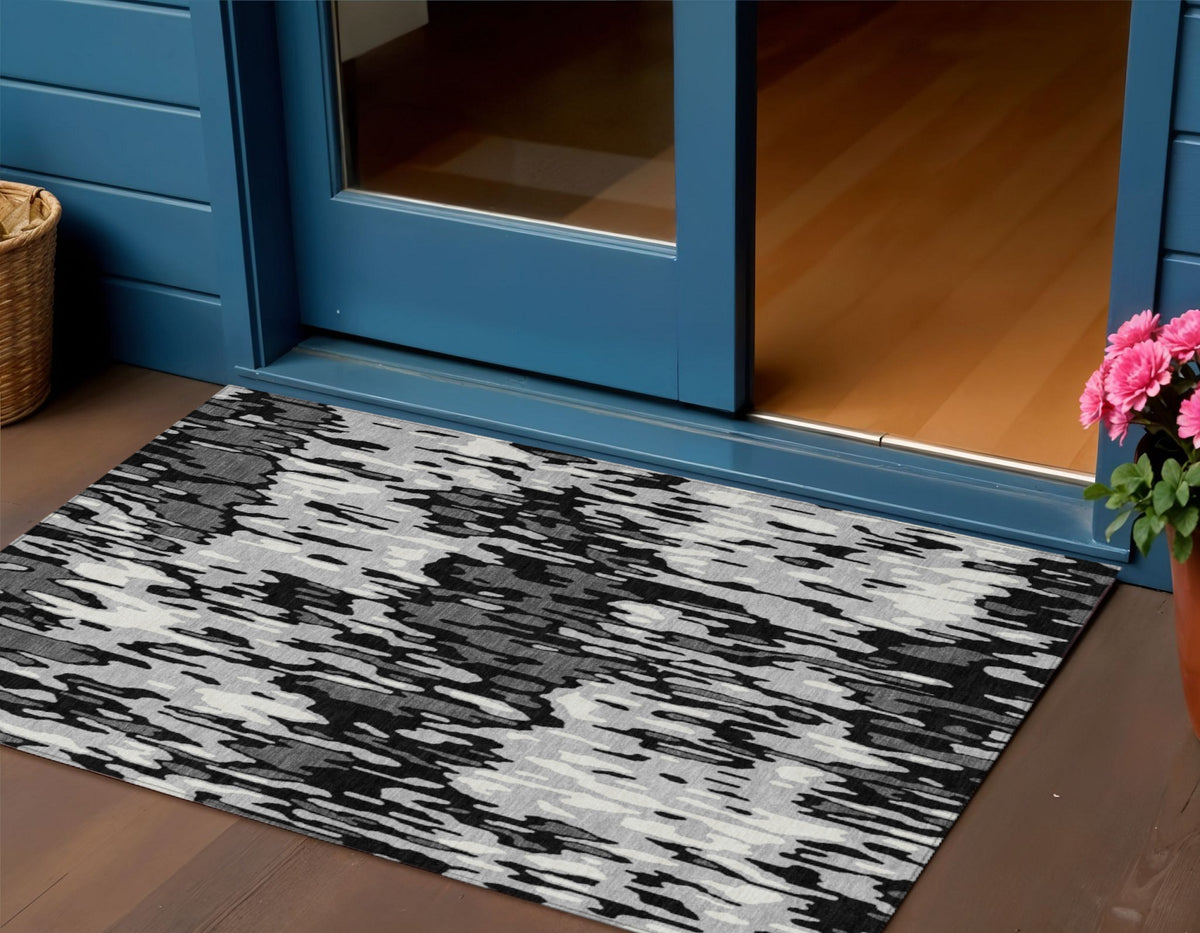 3' X 5' Gray Black And Ivory Striped Washable Indoor Outdoor Area Rug