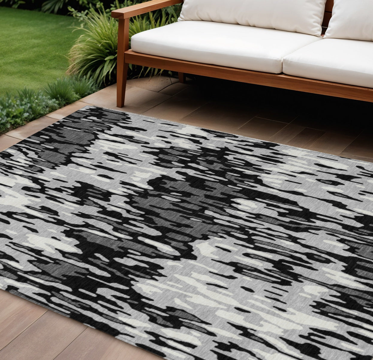 9' X 12' Gray Black And Ivory Striped Washable Indoor Outdoor Area Rug