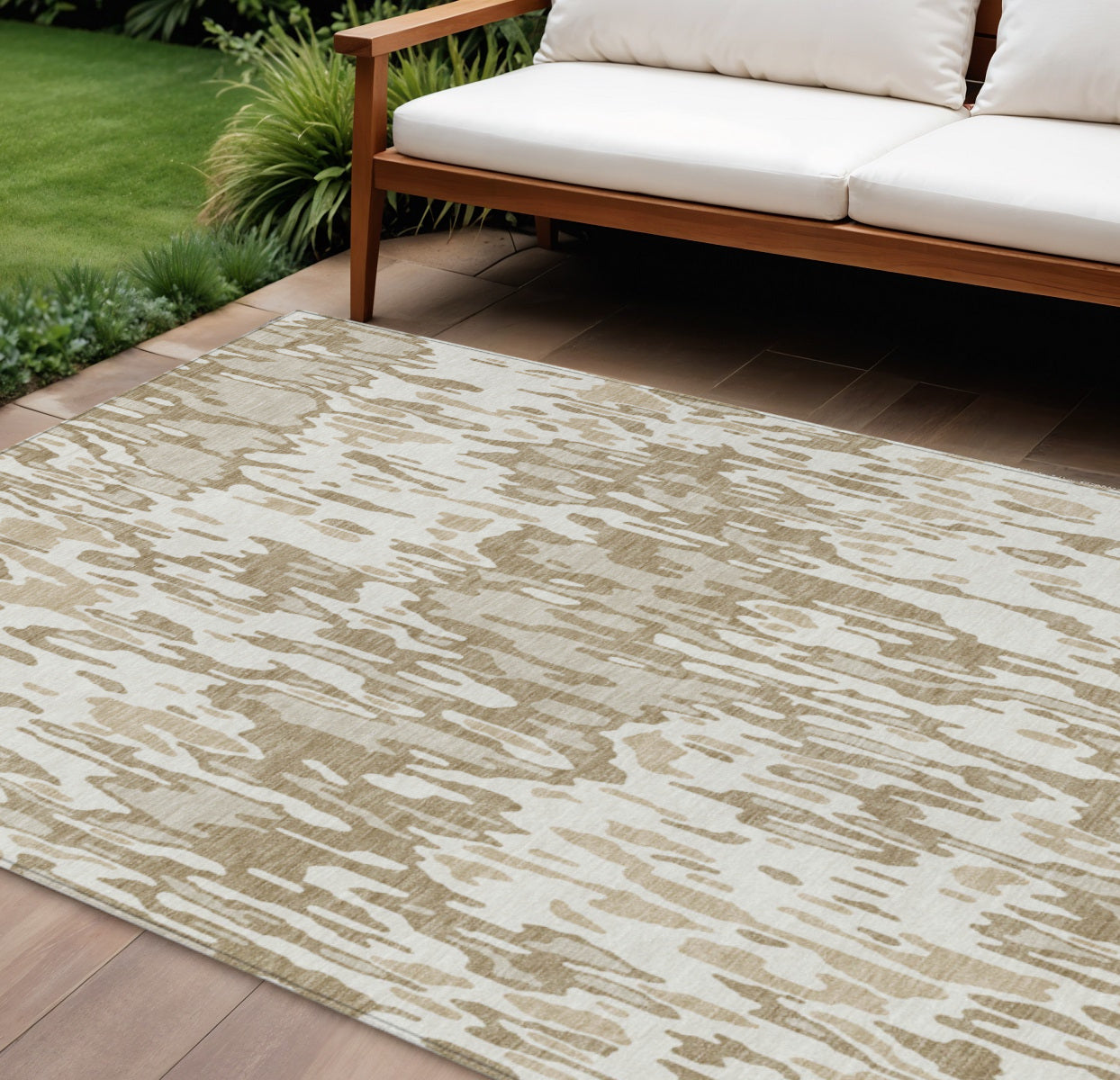 9' X 12' Ivory Brown And Beige Striped Washable Indoor Outdoor Area Rug