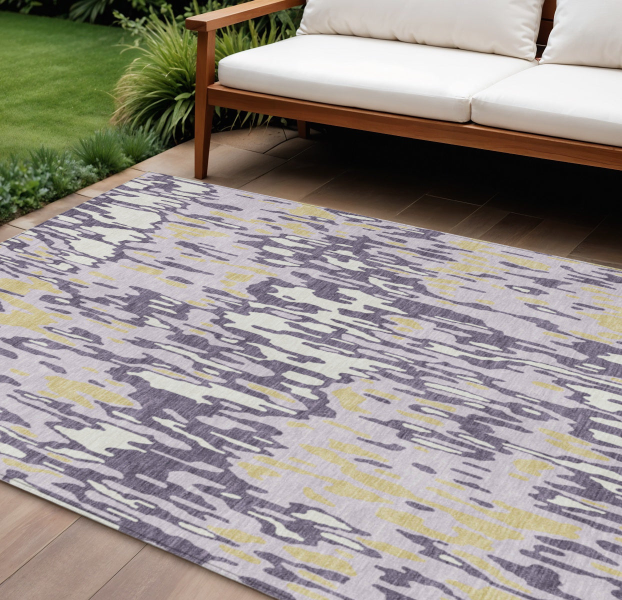 9' X 12' Purple Gold And Ivory Striped Washable Indoor Outdoor Area Rug