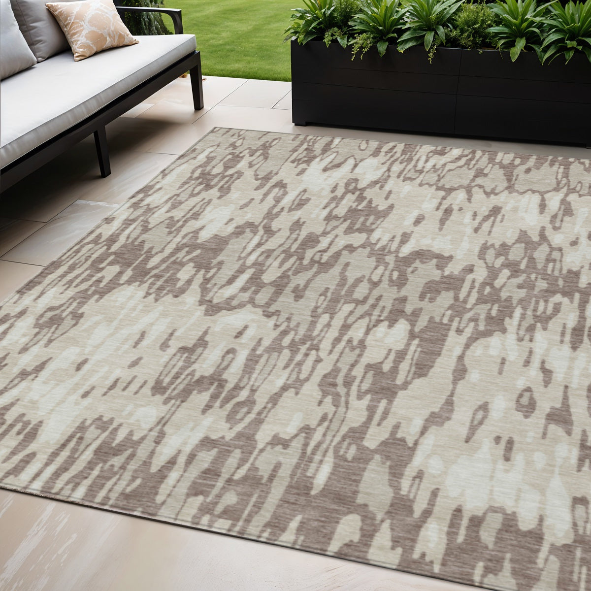 5' X 8' Ivory Beige And Brown Striped Washable Indoor Outdoor Area Rug