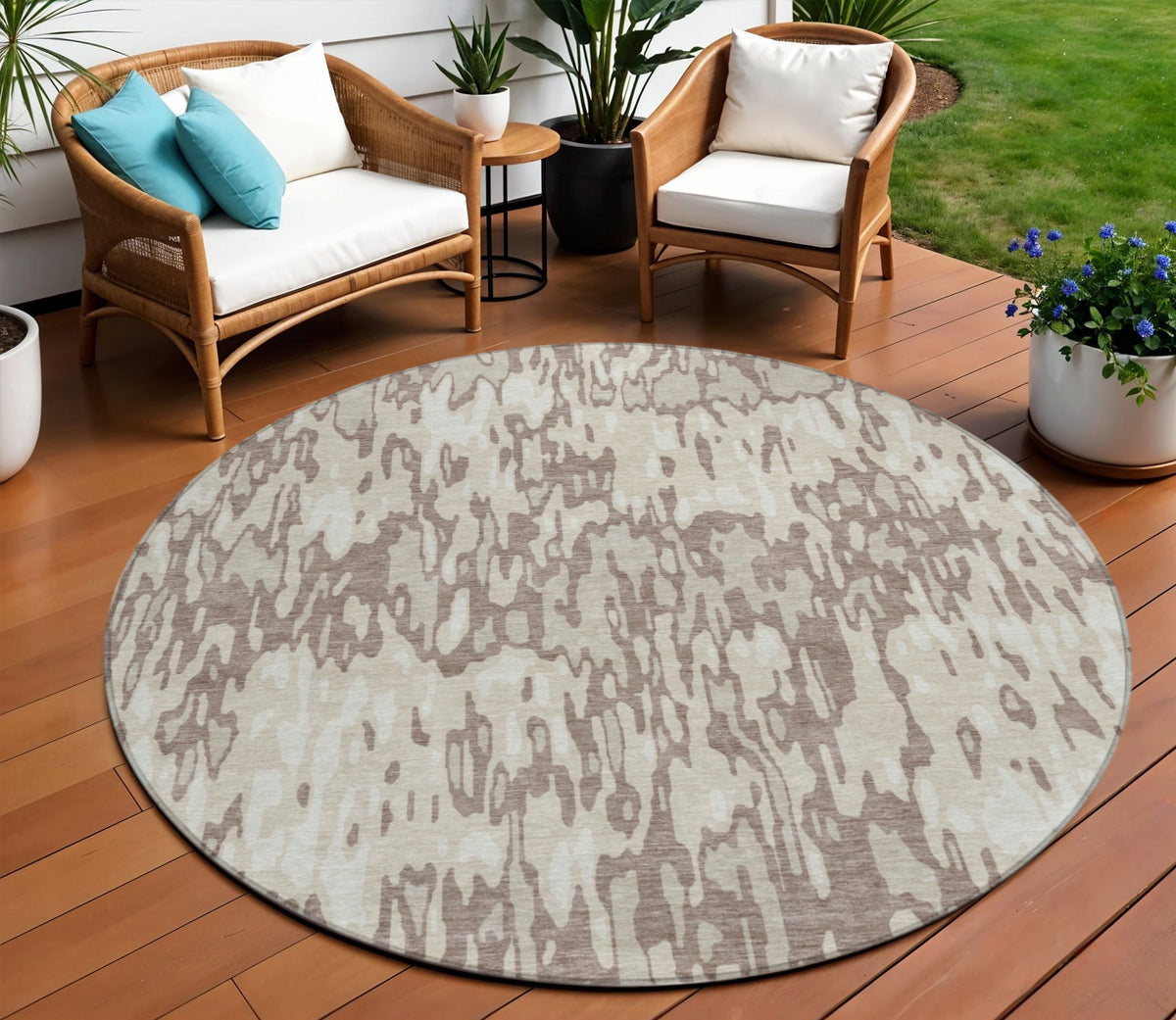 8' Ivory Beige And Brown Round Striped Washable Indoor Outdoor Area Rug