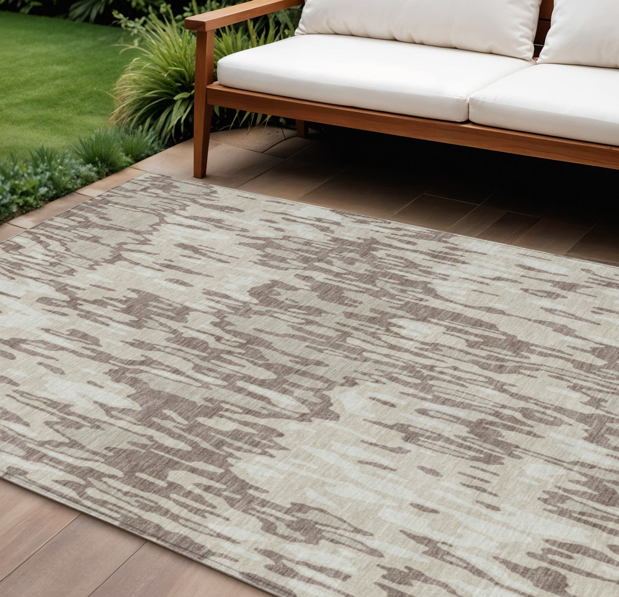 9' X 12' Ivory Beige And Brown Striped Washable Indoor Outdoor Area Rug