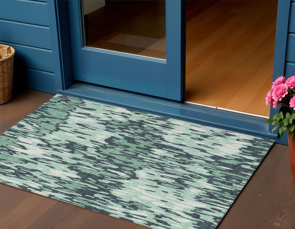 3' X 5' Sage Black And Ivory Striped Washable Indoor Outdoor Area Rug