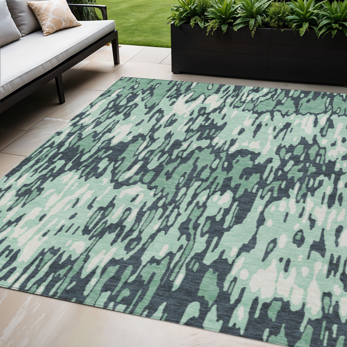 5' X 8' Sage Black And Ivory Striped Washable Indoor Outdoor Area Rug
