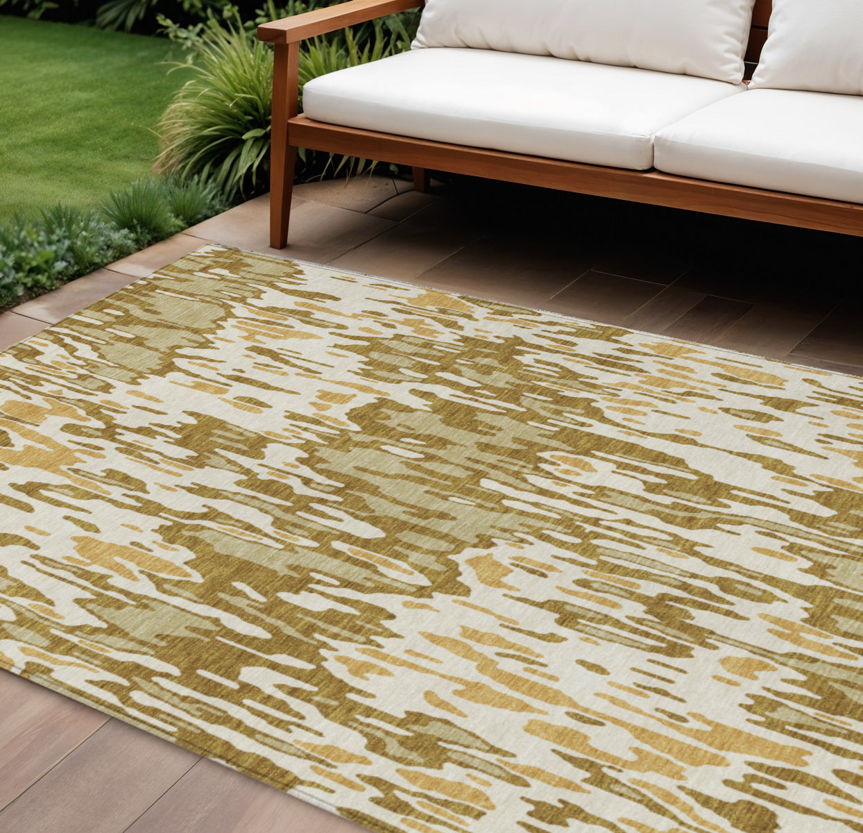 9' X 12' Wheat Gold And Beige Striped Washable Indoor Outdoor Area Rug
