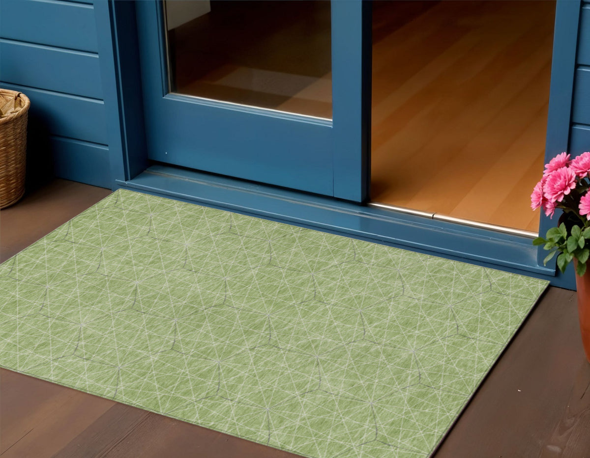 3' X 5' Green Black And Ivory Geometric Washable Indoor Outdoor Area Rug