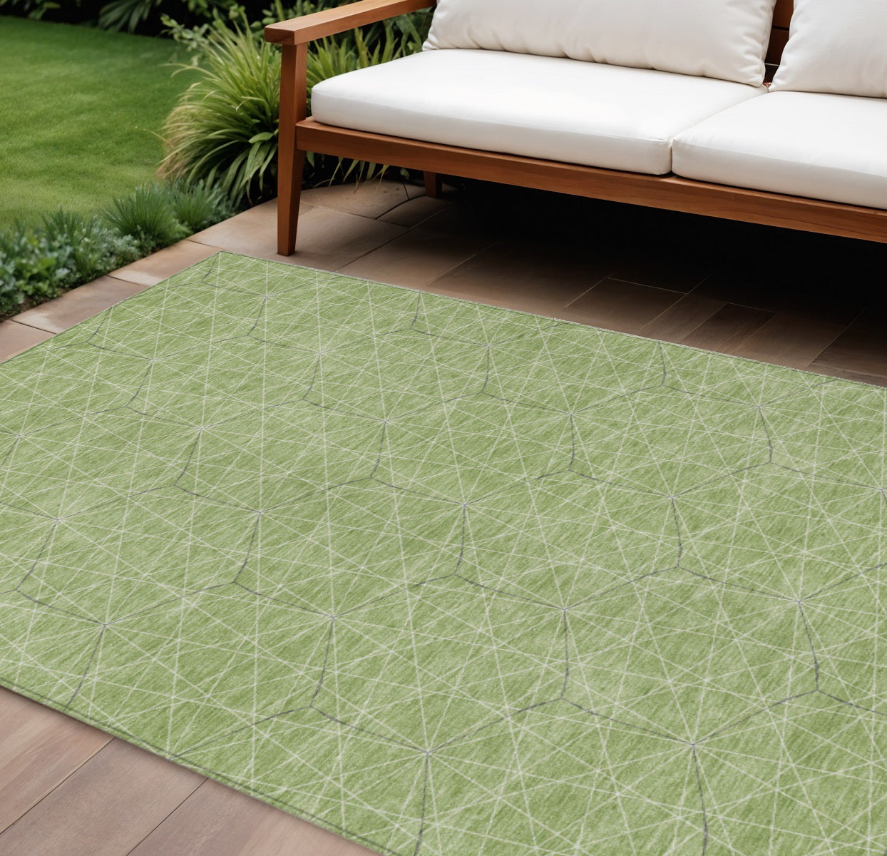 9' X 12' Green Black And Ivory Geometric Washable Indoor Outdoor Area Rug