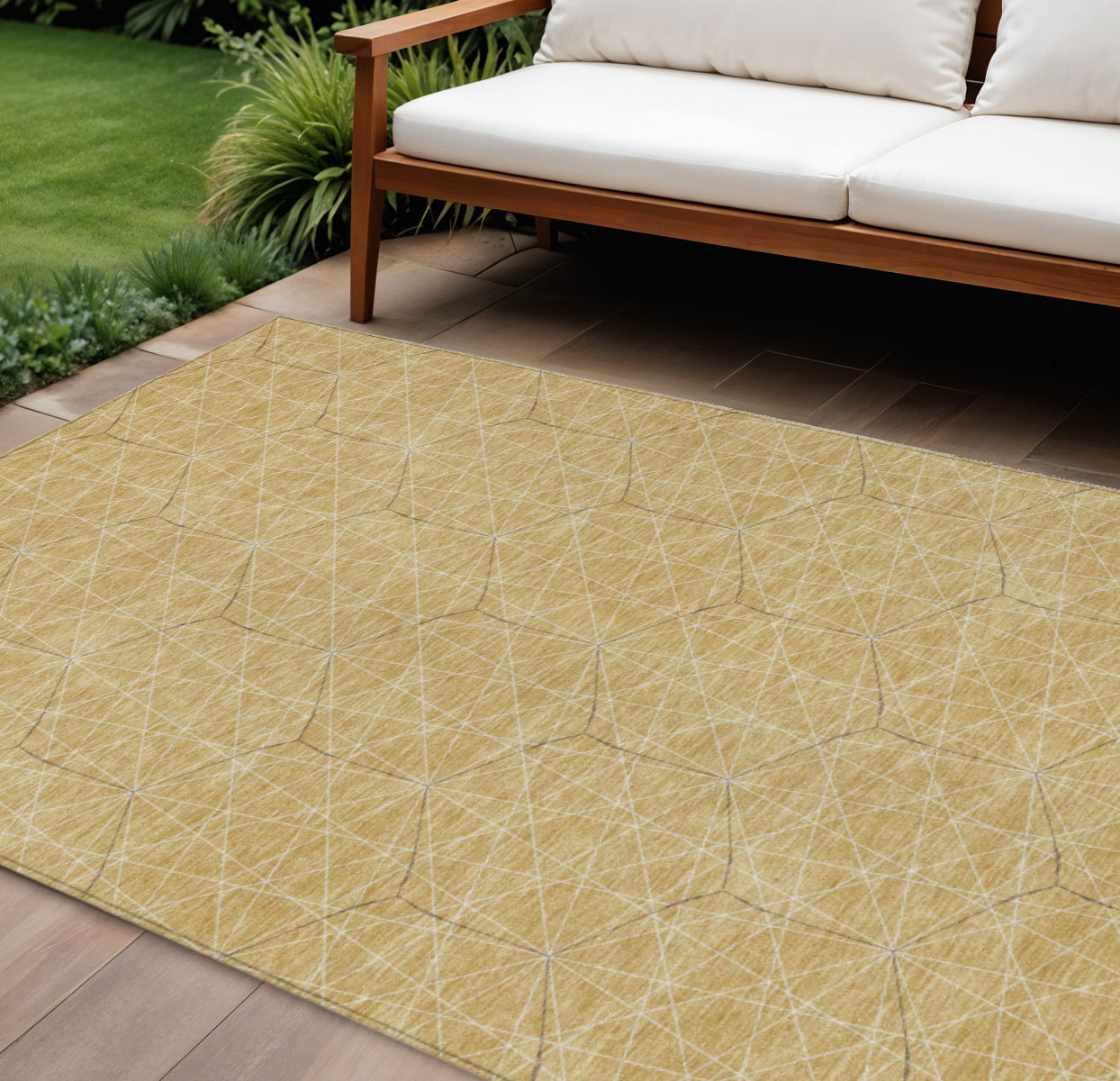 9' X 12' Gold Black And Beige Geometric Washable Indoor Outdoor Area Rug