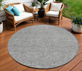 8' Gray Black And Ivory Round Geometric Washable Indoor Outdoor Area Rug